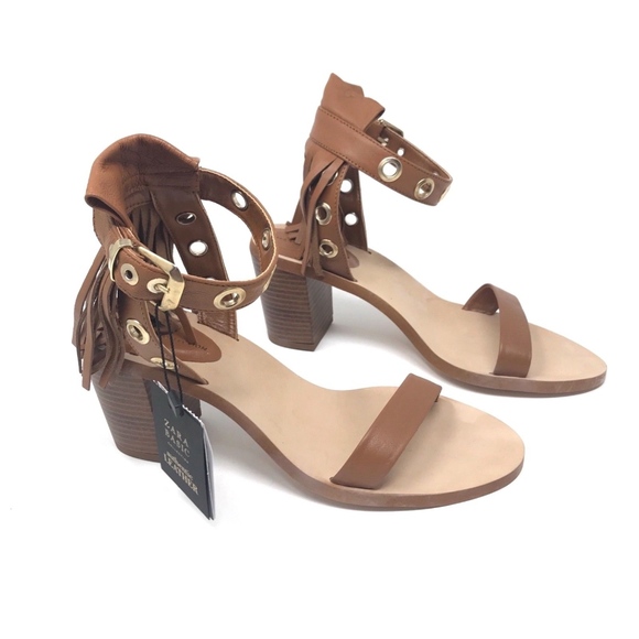 Zara Brown Leather Fringe Grommet Strappy Sandals - Picture 3 of 8